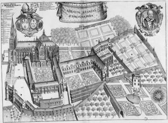 Placa gravada do século XVII representando a abadia de Saint-Denis na França, no livro Monasticon Gallicanum